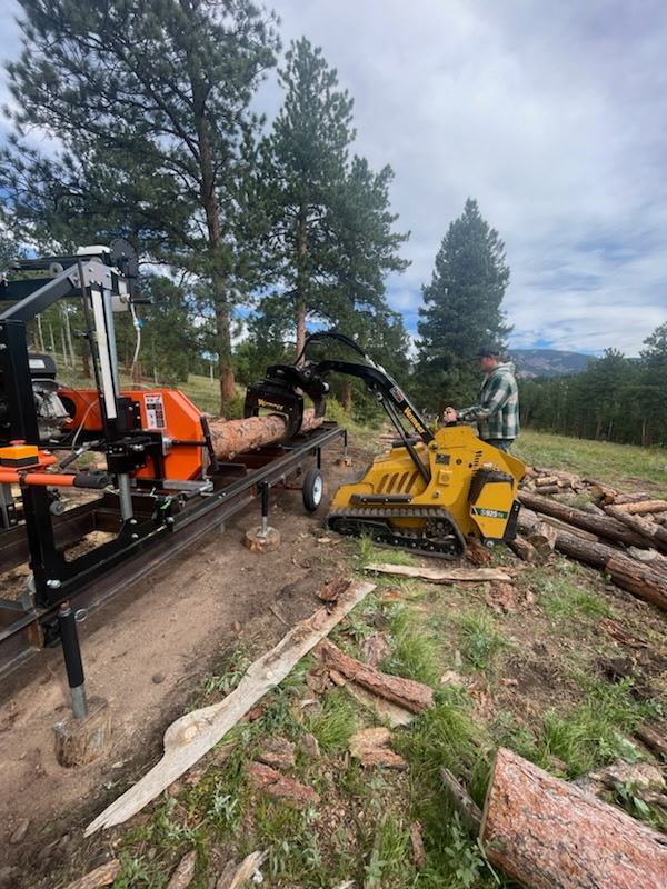 Portable sawmill processing logs at a mountain job site